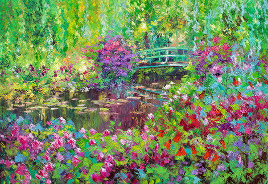 Impressionistic painting of a lush garden pond with pink and purple flowers, green foliage, a small green bridge, and reflections on the water.