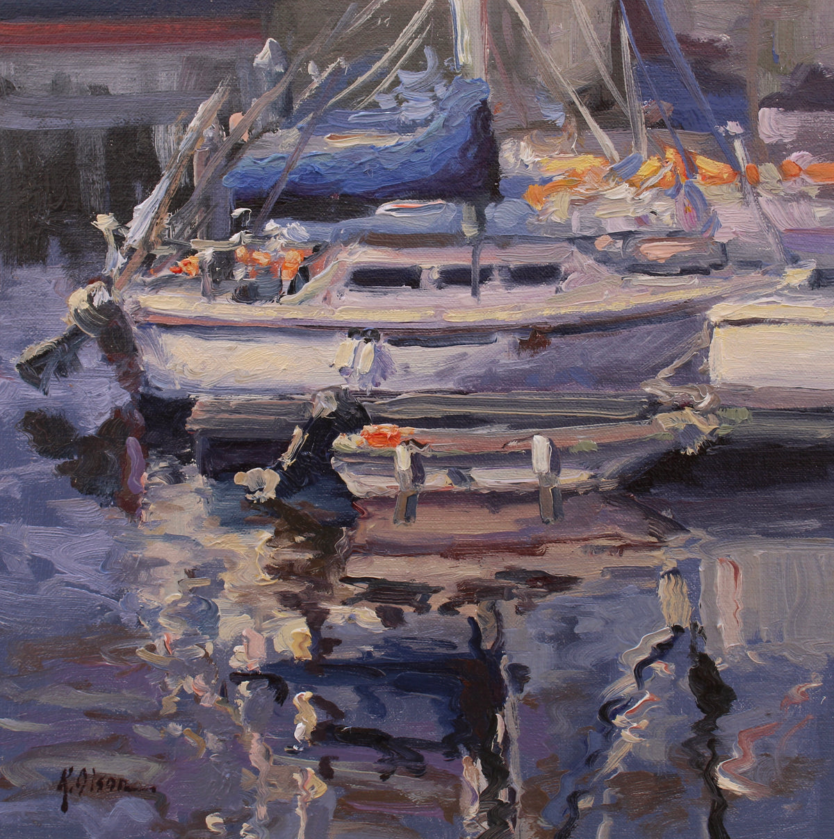 A plein air oil painting of a sailboat at the harbor of Half Moon Bay.