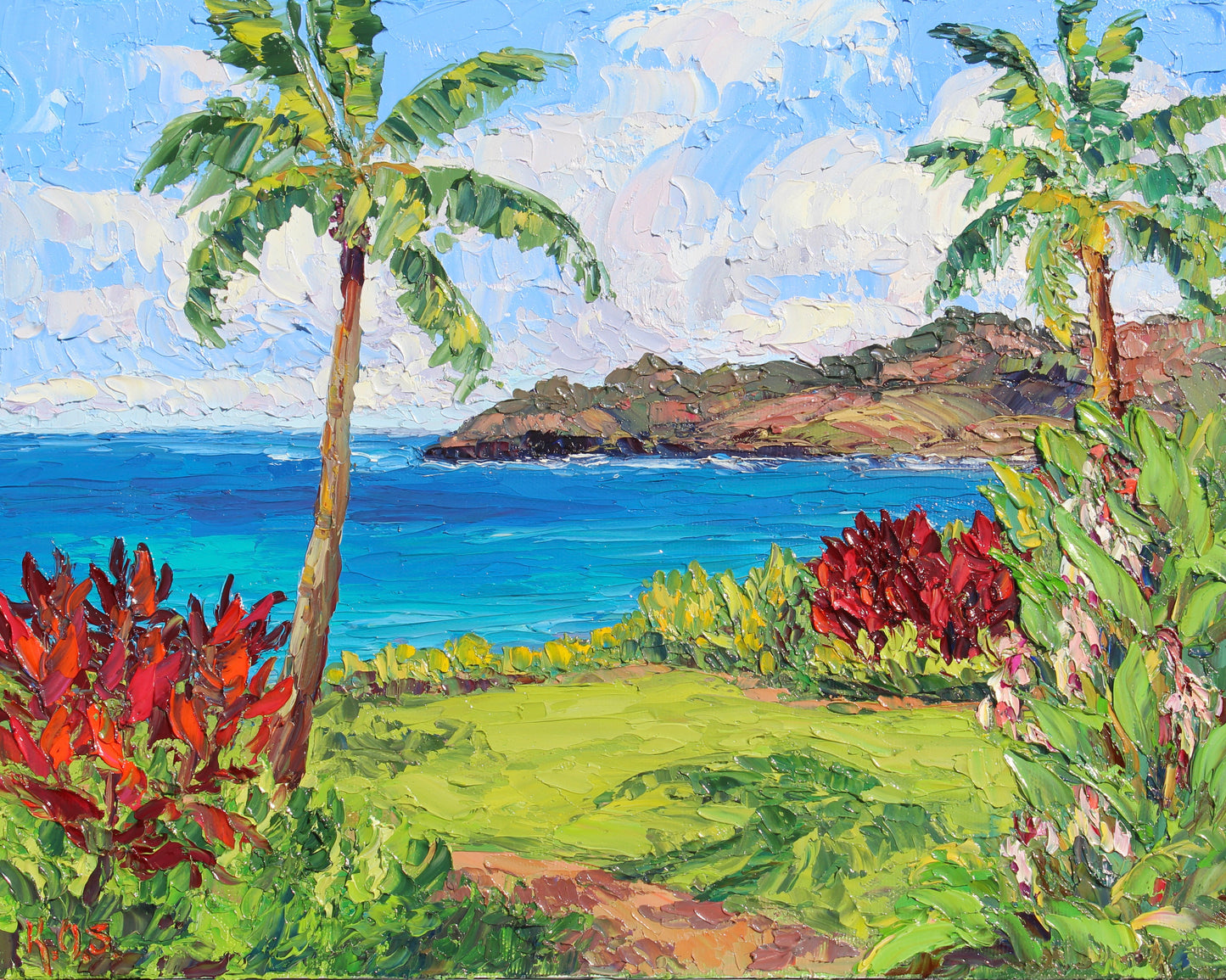 An impasto oil painting depicting a tropical scene with palm trees, red ti plants, shell ginger flowers, and a view of the ocean in the background.  This scene is on the island of Kauai.  Wall decor for art collectors.