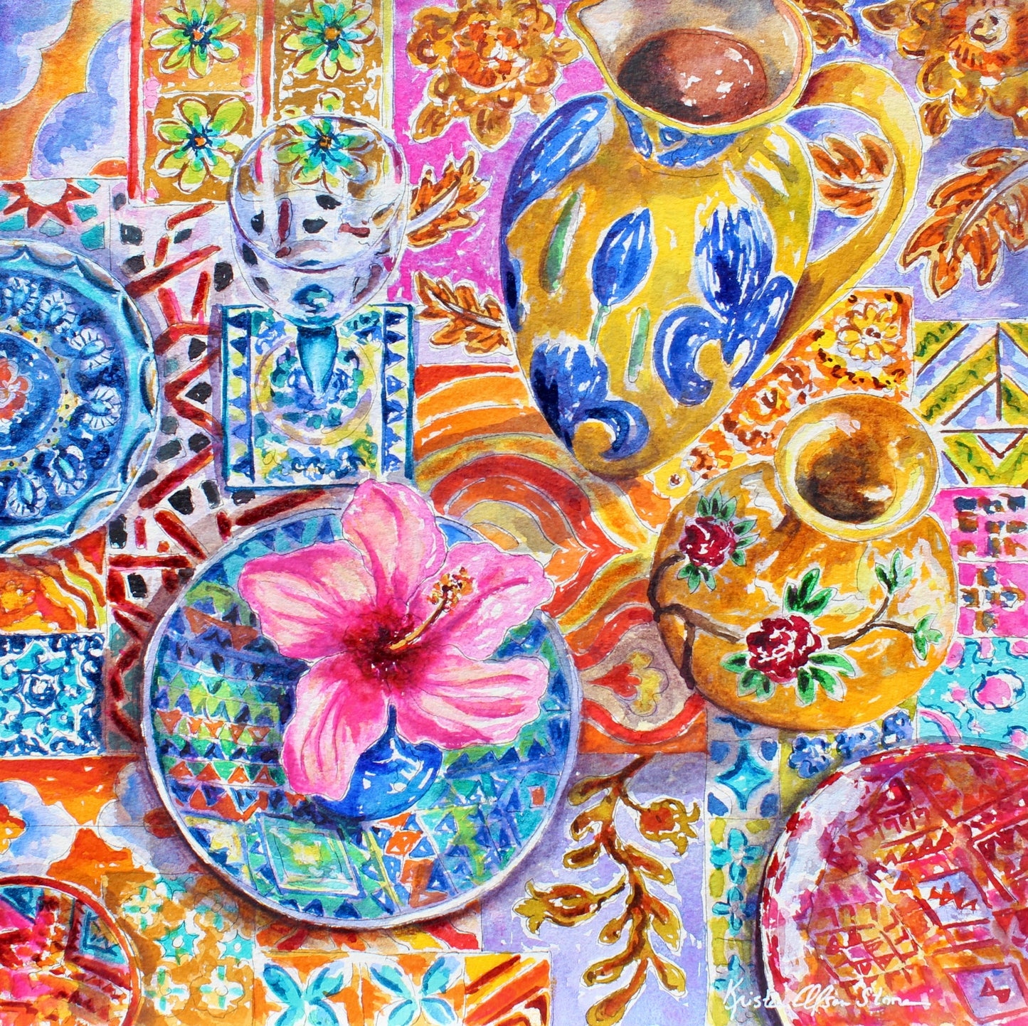 A vibrant and colorful painting featuring a still life composition with a prominent pink hibiscus flower, patterned ceramics, and a tablecloth, rendered in bright yellows, blues, and pinks with intricate details. Wall decor for art lovers.