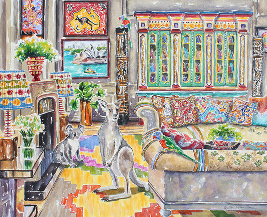 A giclee print of a watercolor painting featuring Australian-themed artwork with a koala bear, wallaby, and rainbow lorikeets in a room with colorful decorative elements and a map of Australia.  Wall decor for art collectors.