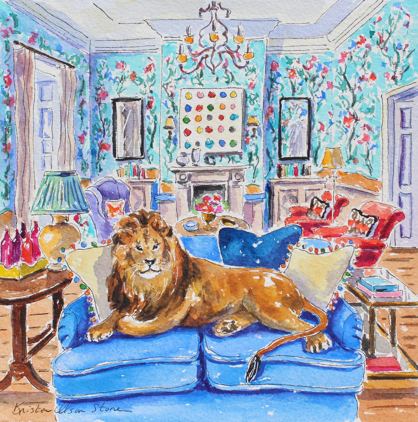 A colorful watercolor painting of a lion lounging on a blue sofa in an ornate living room with floral wallpaper, a fireplace, and side tables. The artist's signature 'Ormonde Stone' is visible in the lower left corner.