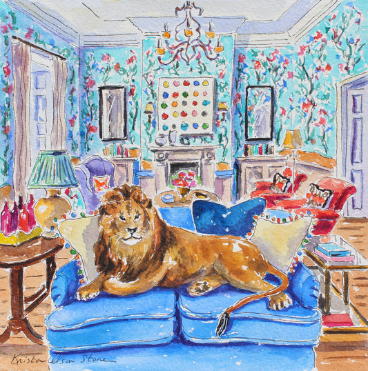 A colorful watercolor painting of a lion lounging on a blue sofa in an ornate living room with floral wallpaper, a fireplace, and side tables. The artist's signature 'Ormonde Stone' is visible in the lower left corner.