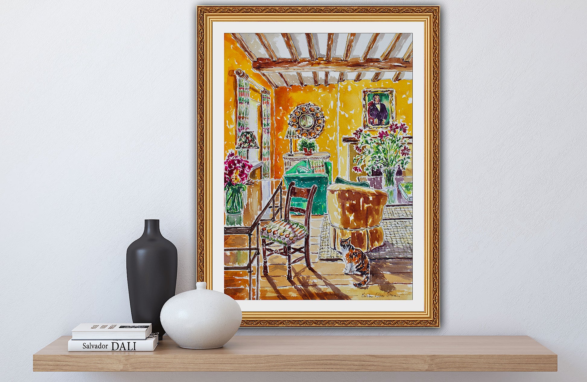 A giclee print of a calico cat in a gardener's cottage room with sunlight pouring in the windows and casting beautiful shadows.  the walls are painted golden yellow
