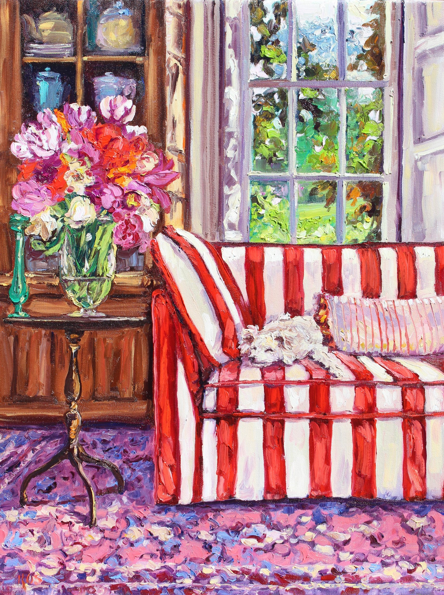 Commission A Pet Portrait, Original Oil Painting Of Your Pet In A Colorful Interior Or Garden Setting