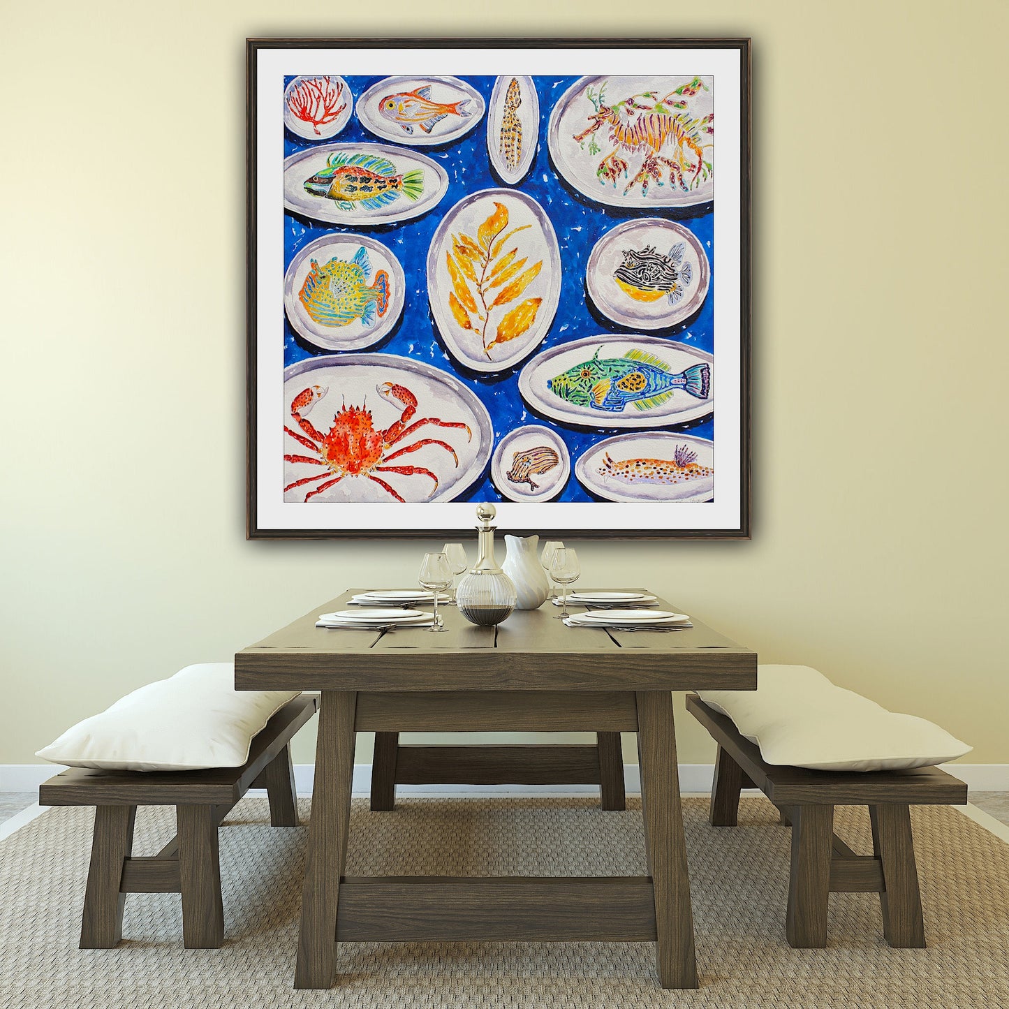 Ocean Delights, An Original 22" Square Watercolor And Ink Painting of Ceramics Decorated With Sea Life And Fish