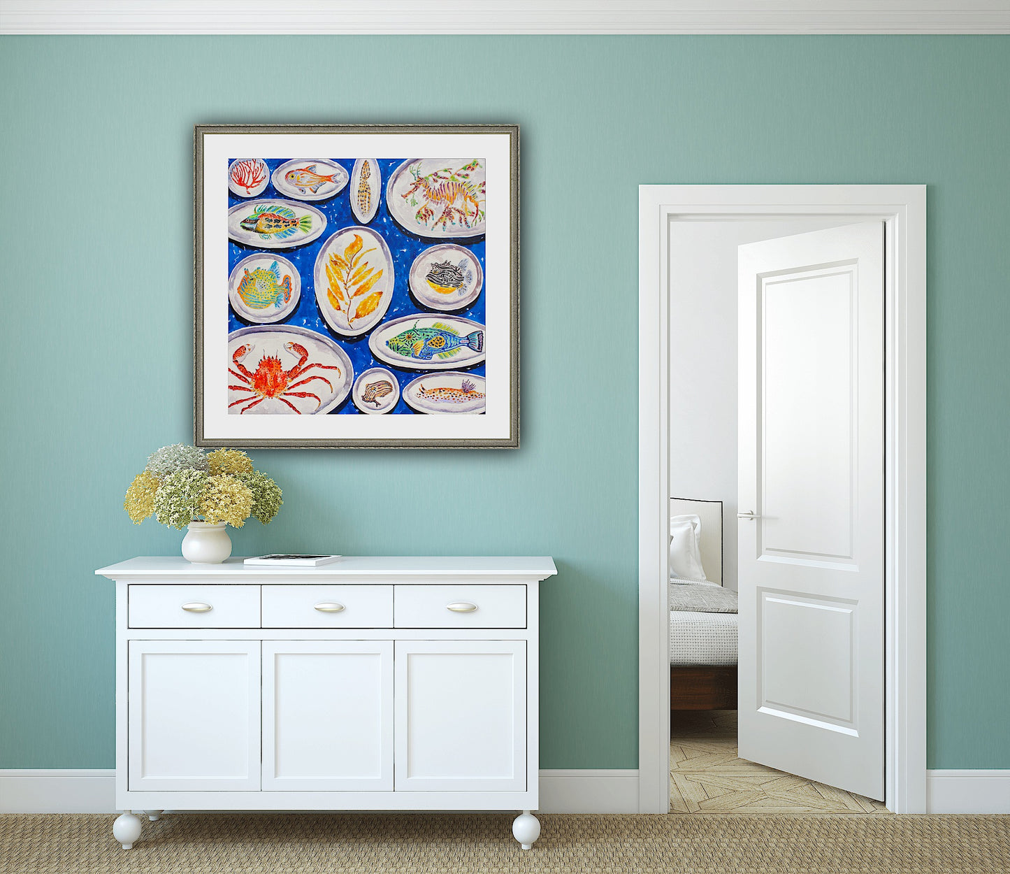 Ocean Delights, An Original 22" Square Watercolor And Ink Painting of Ceramics Decorated With Sea Life And Fish