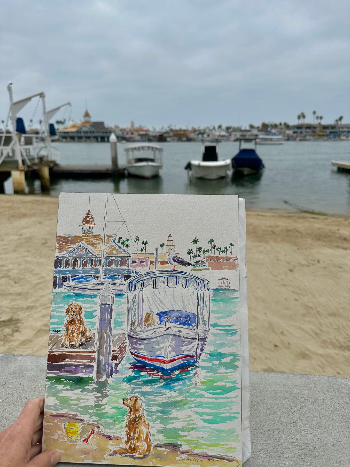 It's A Dog's Day On Balboa, An Original 14" x 10" Watercolor And Ink Painting Of Golden Retrievers, Duffy Boats And The Balboa Pavillion