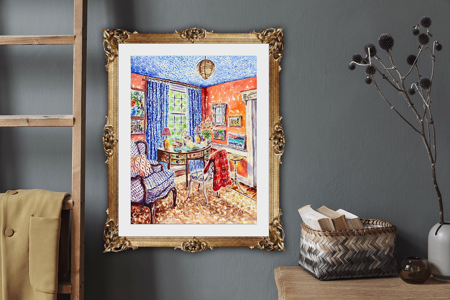 Memories, An Original 16" x 12" Watercolor And Ink Painting Of An Interior Scene With Blue And Orange