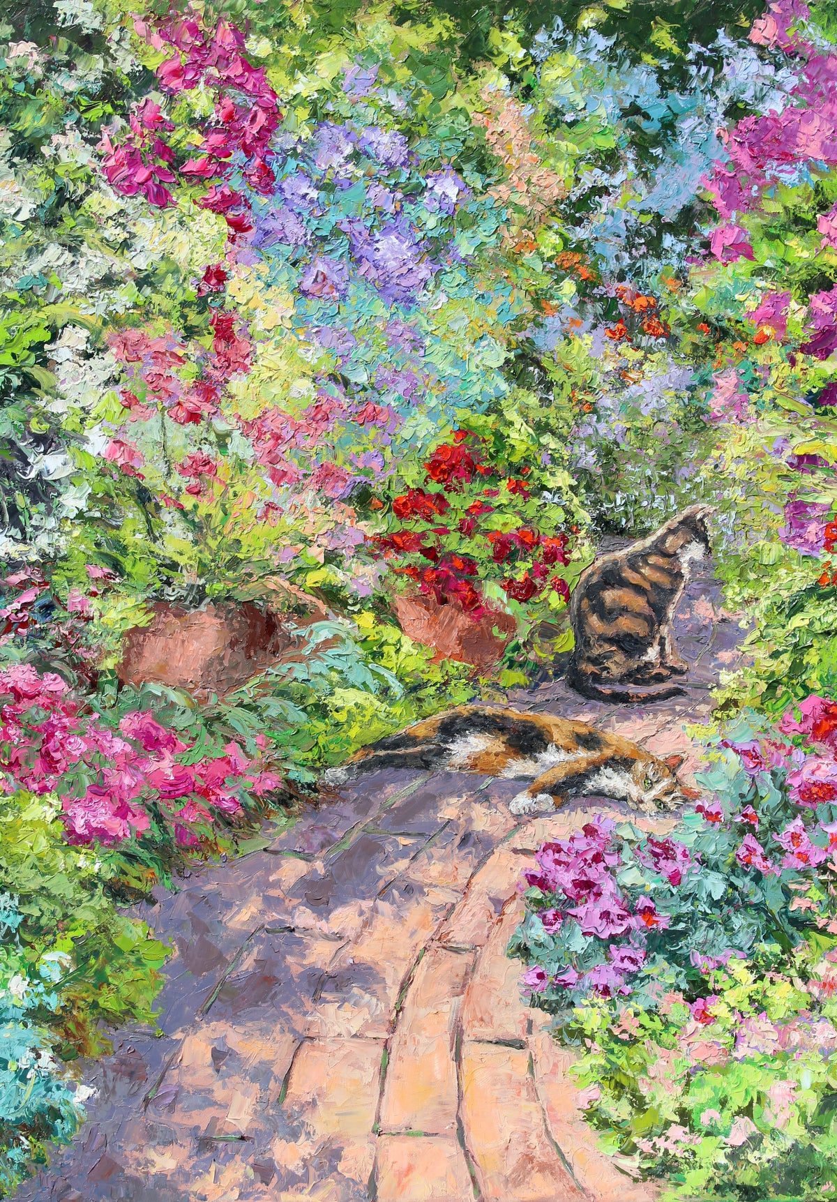 Impressionistic painting of a garden path with colorful flowers and two cats, one sitting and one lying down, surrounded by lush greenery and pink, purple, red, and blue blossoms.