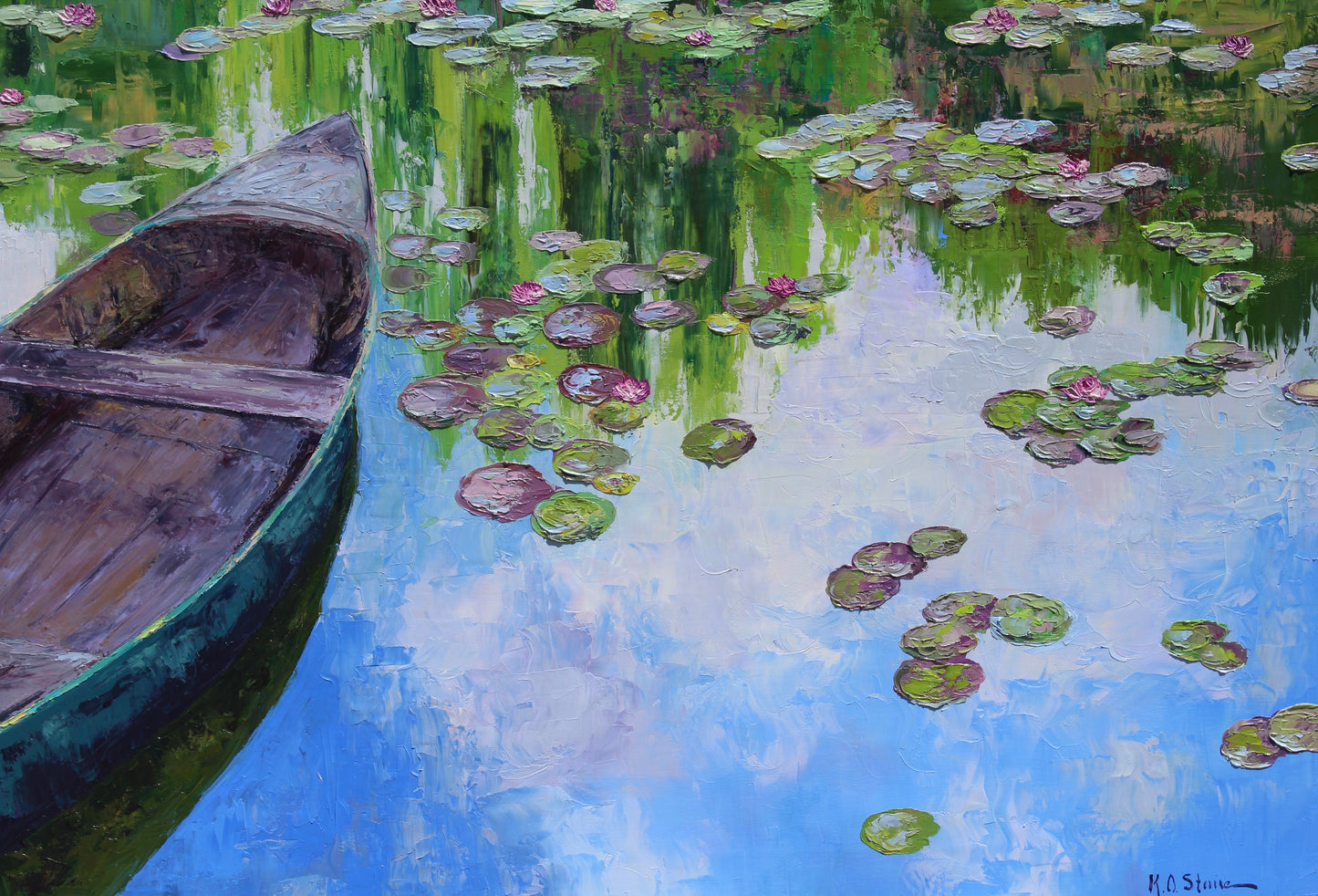 The Norwegian boat At Giverny,  Extra Large 50" x 60" Garden Landscape Of Monet's Waterlily Pond, Oil On Canvas