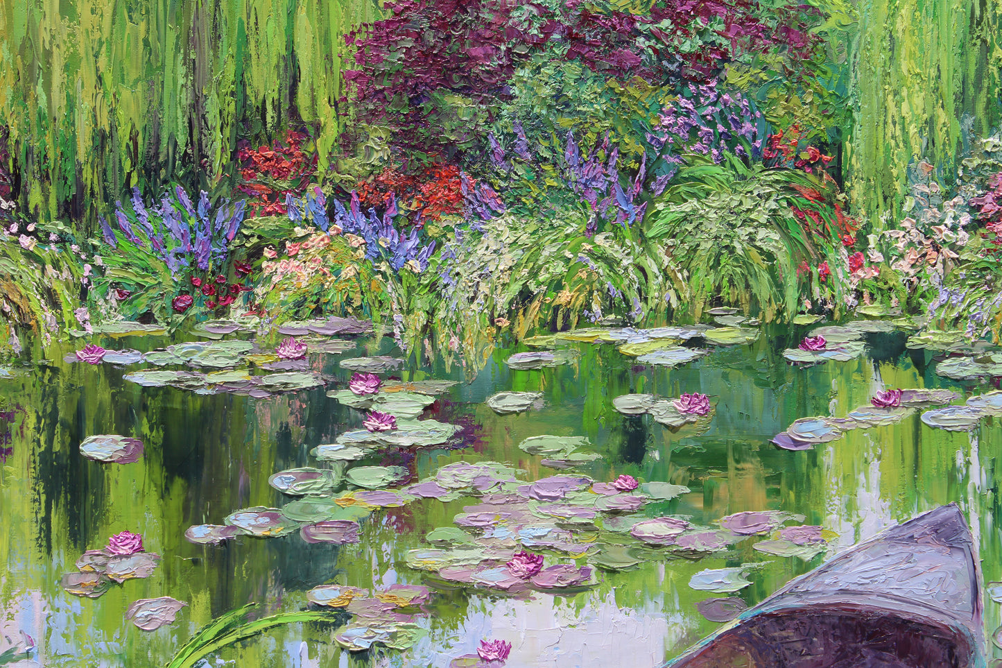 The Norwegian boat At Giverny,  Extra Large 50" x 60" Garden Landscape Of Monet's Waterlily Pond, Oil On Canvas