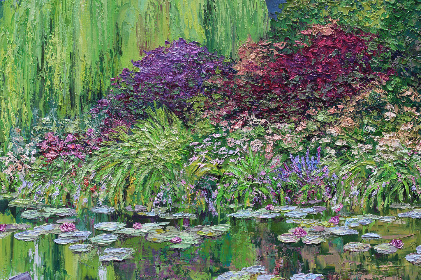 The Norwegian boat At Giverny,  Extra Large 50" x 60" Garden Landscape Of Monet's Waterlily Pond, Oil On Canvas