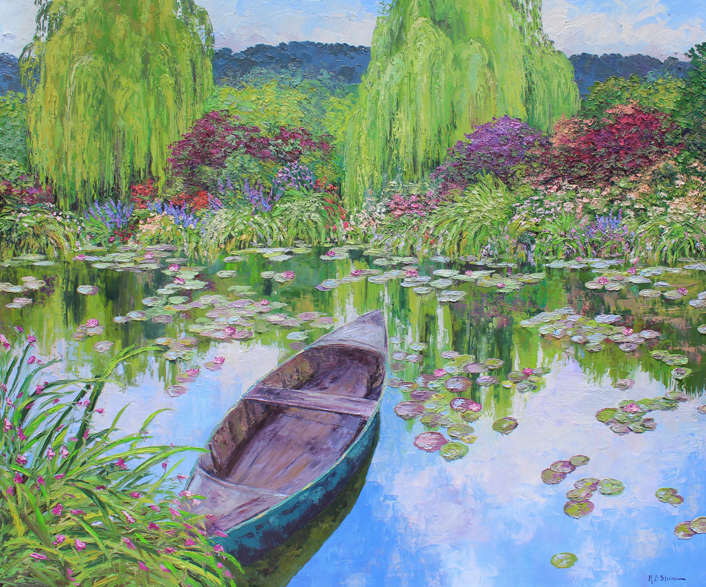 The Norwegian boat At Giverny,  Extra Large 50" x 60" Garden Landscape Of Monet's Waterlily Pond, Oil On Canvas