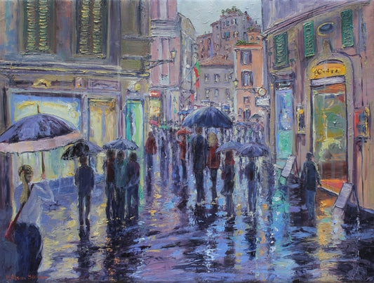 original oil cityscape rome italy painting of shoppers holding umbrellas walking through a rainy street.  The glow of shop windows lights up the wet pavement, the buildings are painted salmon and pink in traditional rome colors.  This painting is textured and painted with brushes and palette knife
