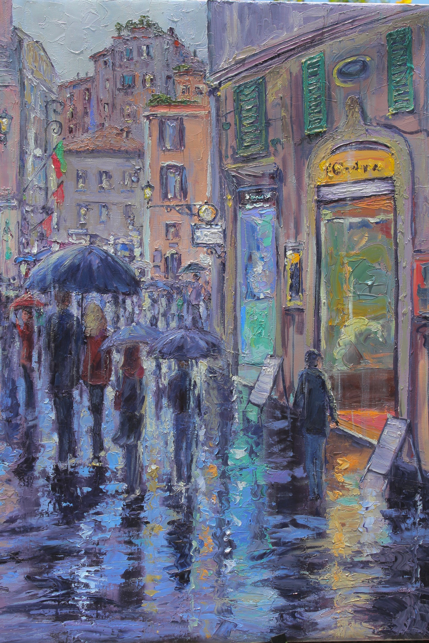 A Rainy Evening Stroll In Rome, Original 30" x 40" European Cityscape Oil Painting On Canvas