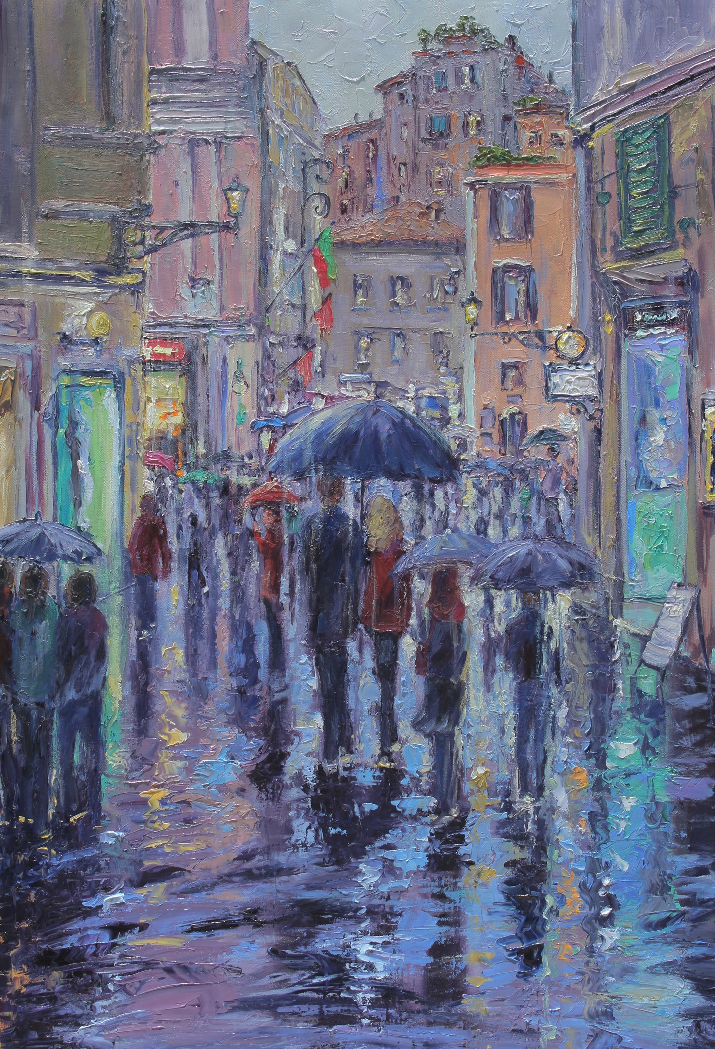 A Rainy Evening Stroll In Rome, Original 30" x 40" European Cityscape Oil Painting On Canvas