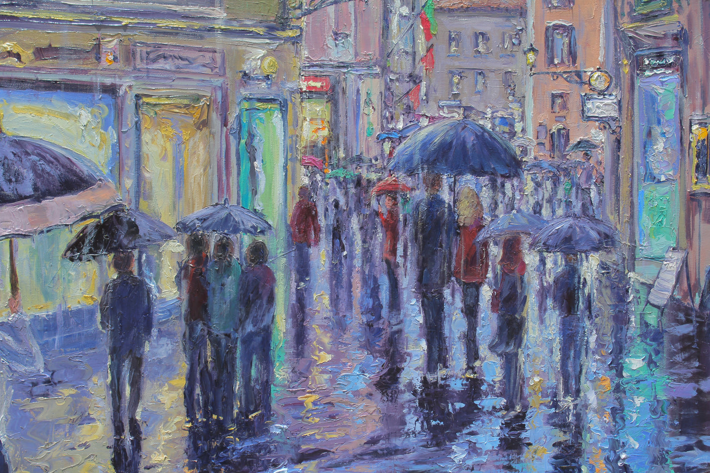 A Rainy Evening Stroll In Rome, Original 30" x 40" European Cityscape Oil Painting On Canvas