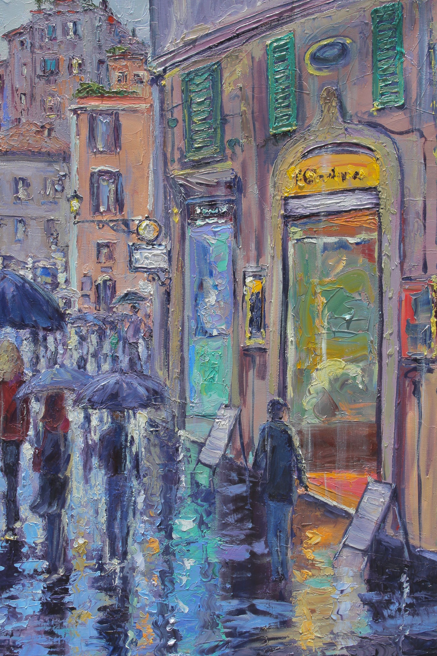 A Rainy Evening Stroll In Rome, Original 30" x 40" European Cityscape Oil Painting On Canvas