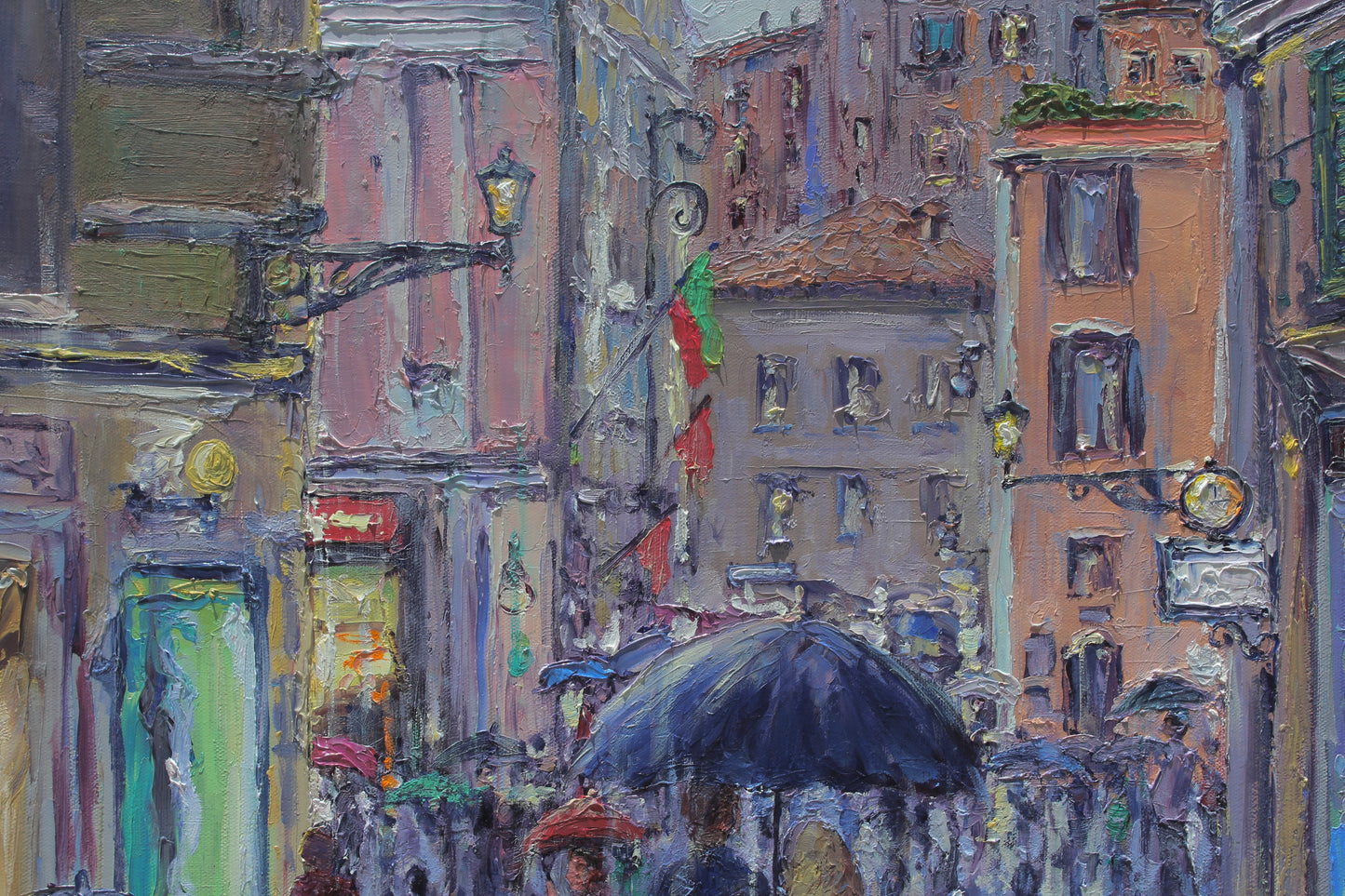 A Rainy Evening Stroll In Rome, Original 30" x 40" European Cityscape Oil Painting On Canvas