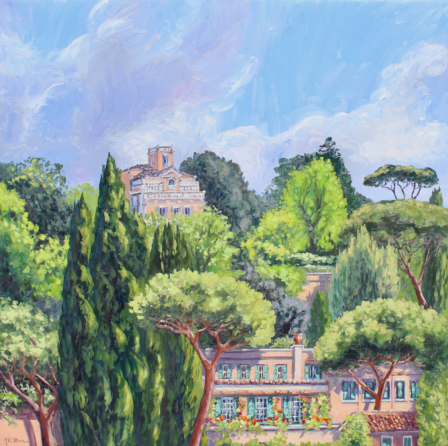 Borghese Gardens Villas, Original 30" Square Italian Oil Painting