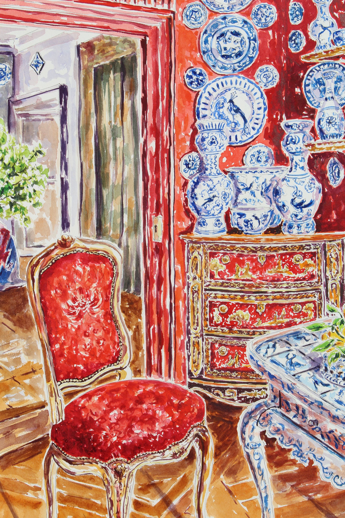 Opulent Chinoiserie, 30" x 22" Original Watercolor And Ink Painting Of Blue And White Ceramics And A Red Wall