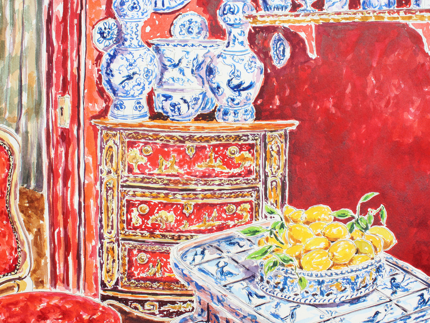 Opulent Chinoiserie, 30" x 22" Original Watercolor And Ink Painting Of Blue And White Ceramics And A Red Wall