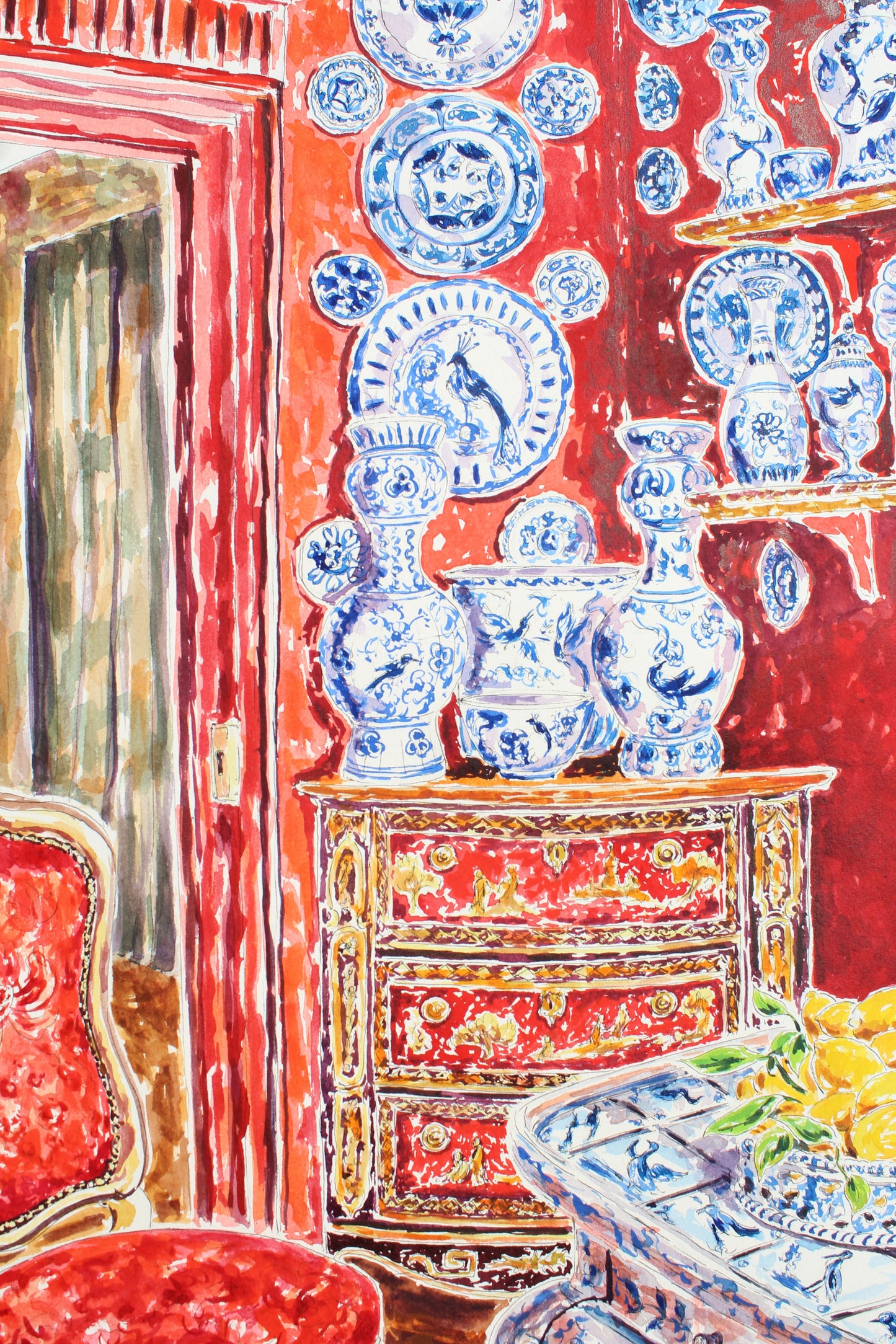 Opulent Chinoiserie, 30" x 22" Original Watercolor And Ink Painting Of Blue And White Ceramics And A Red Wall