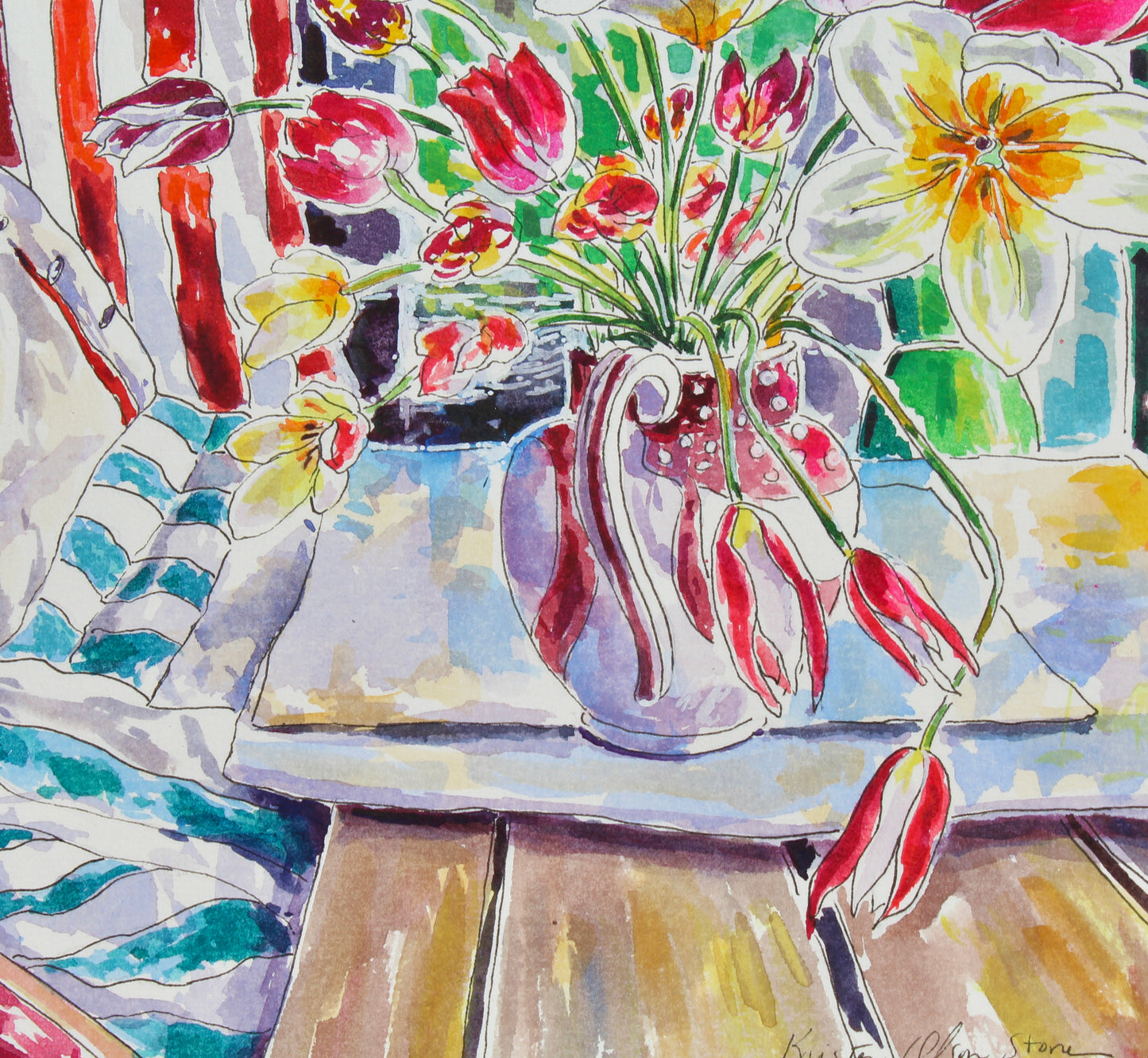 Summer Celebration, An Original Watercolor And Ink Painting Of Flowers, Union Jack And Red And White Striped Fabric