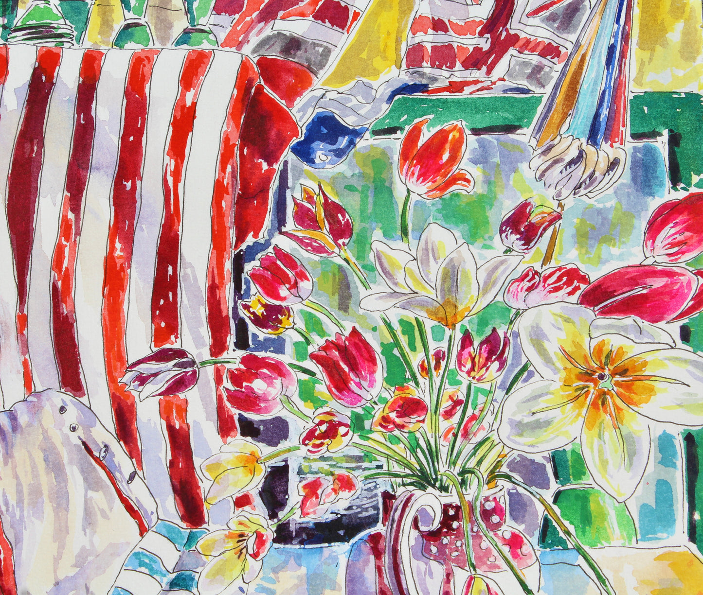 Summer Celebration, An Original Watercolor And Ink Painting Of Flowers, Union Jack And Red And White Striped Fabric