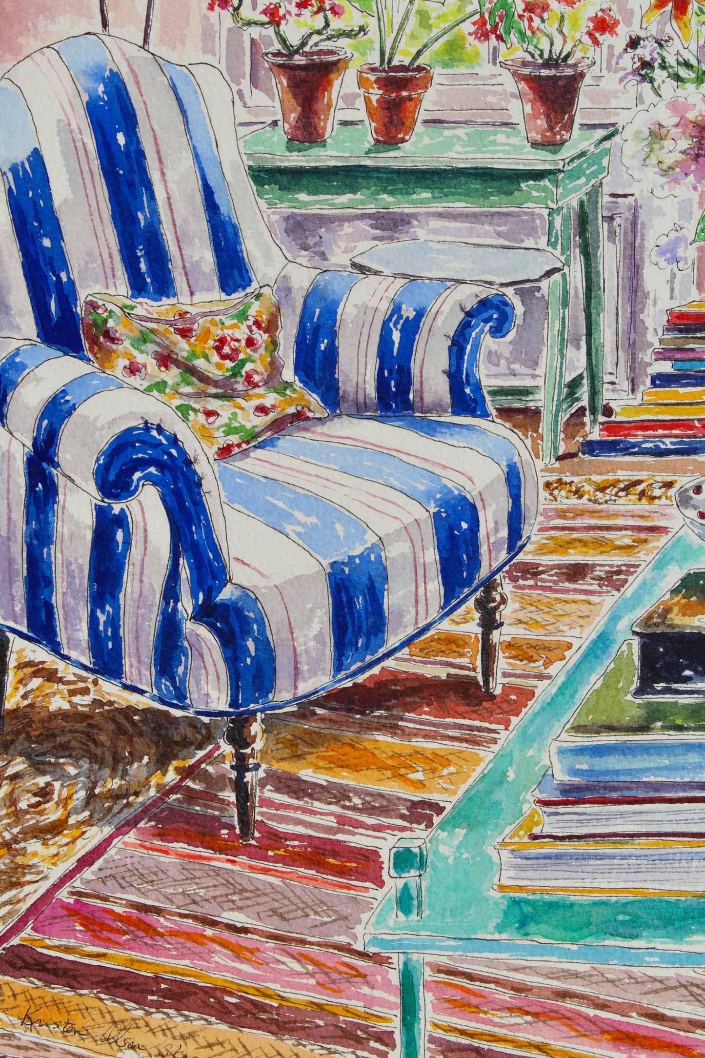 Delightful Escape, An Original 16" x 12" Watercolor And Ink Painting Of A Blue Striped Chair And Interior Decor