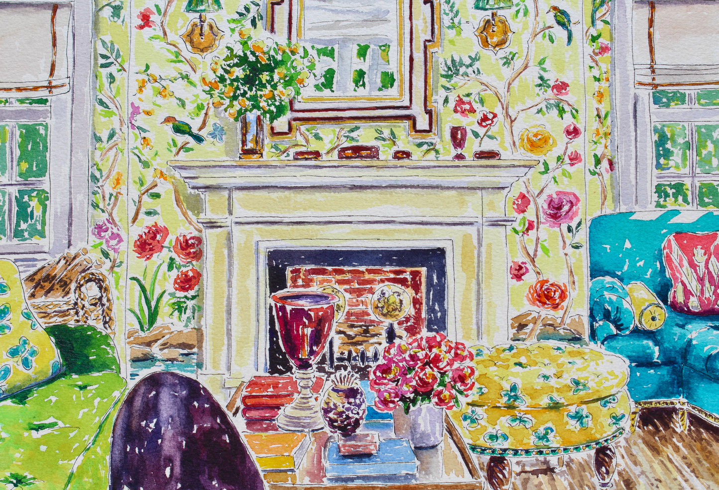 The Garden Room, An Original 16" x 12" Watercolor And Ink Painting Of An Interior Room Scene With Degournay Wallpaper