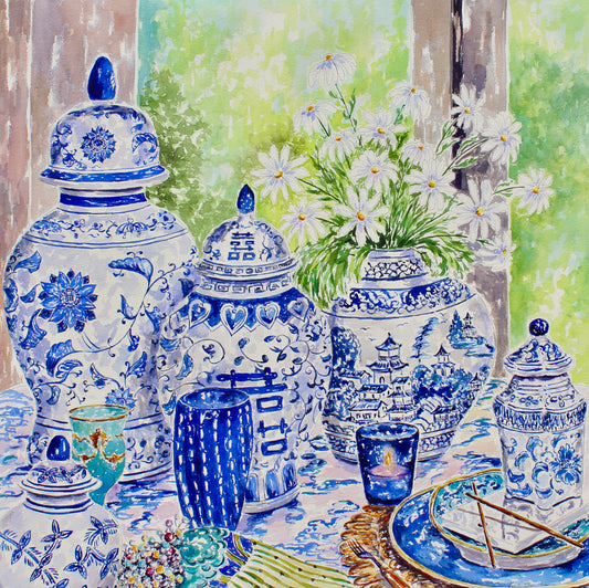 Chinoiserie Style, An Original Watercolor And Ink Painting Of Blue And White Ceramics