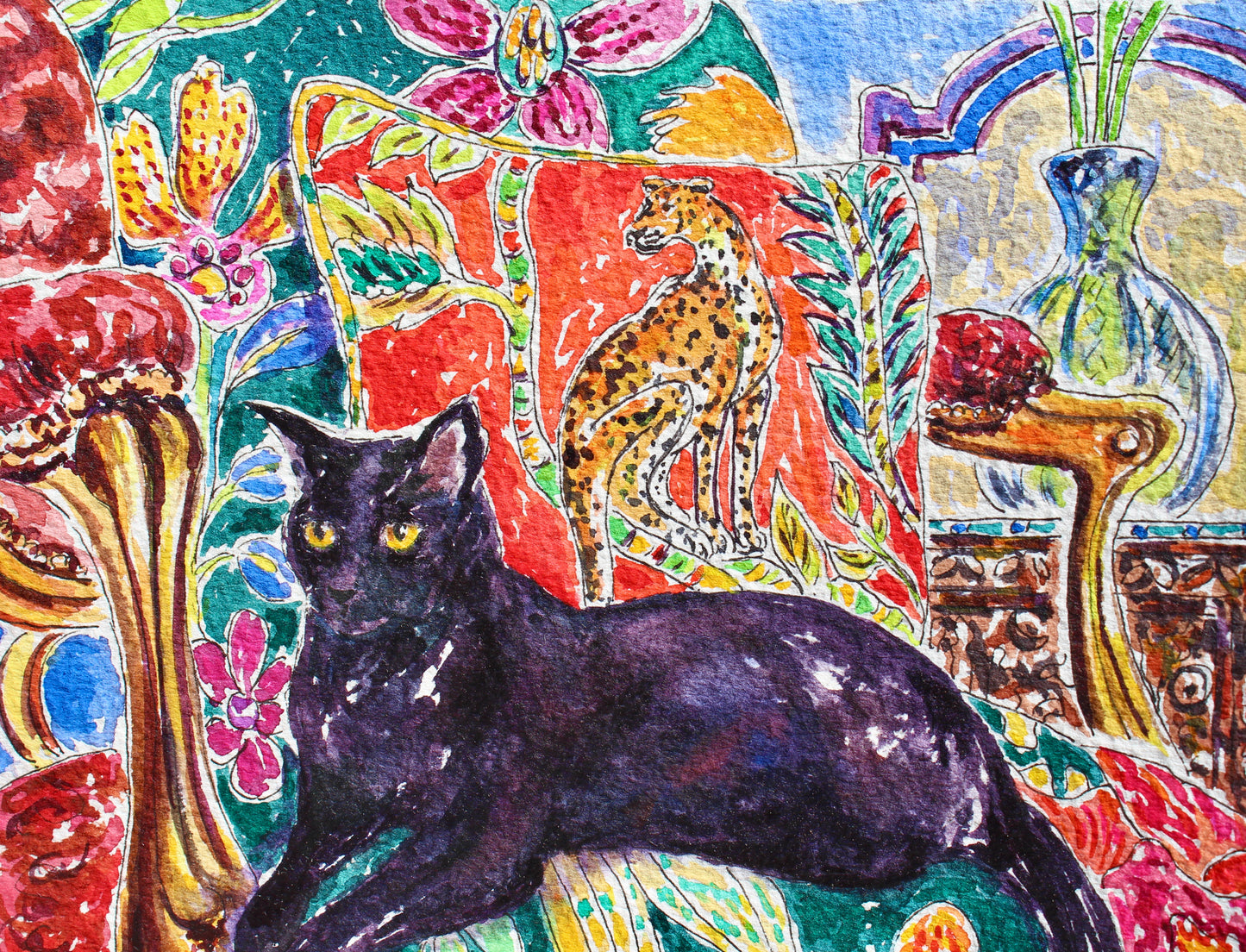 Prince Tim, An Original 7" x 7" Watercolor And Ink Painting Of A Black Cat With Colorful Fabric