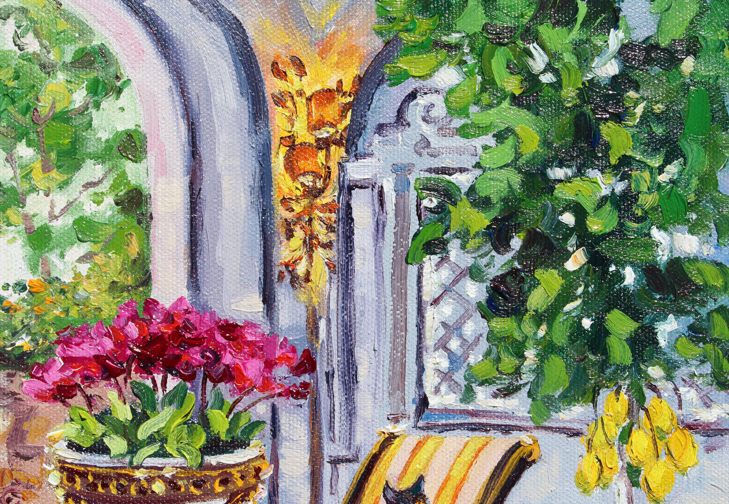 Villa di Roma, An Original Oil Painting On Canvas Of A Black Cat In A Garden Room