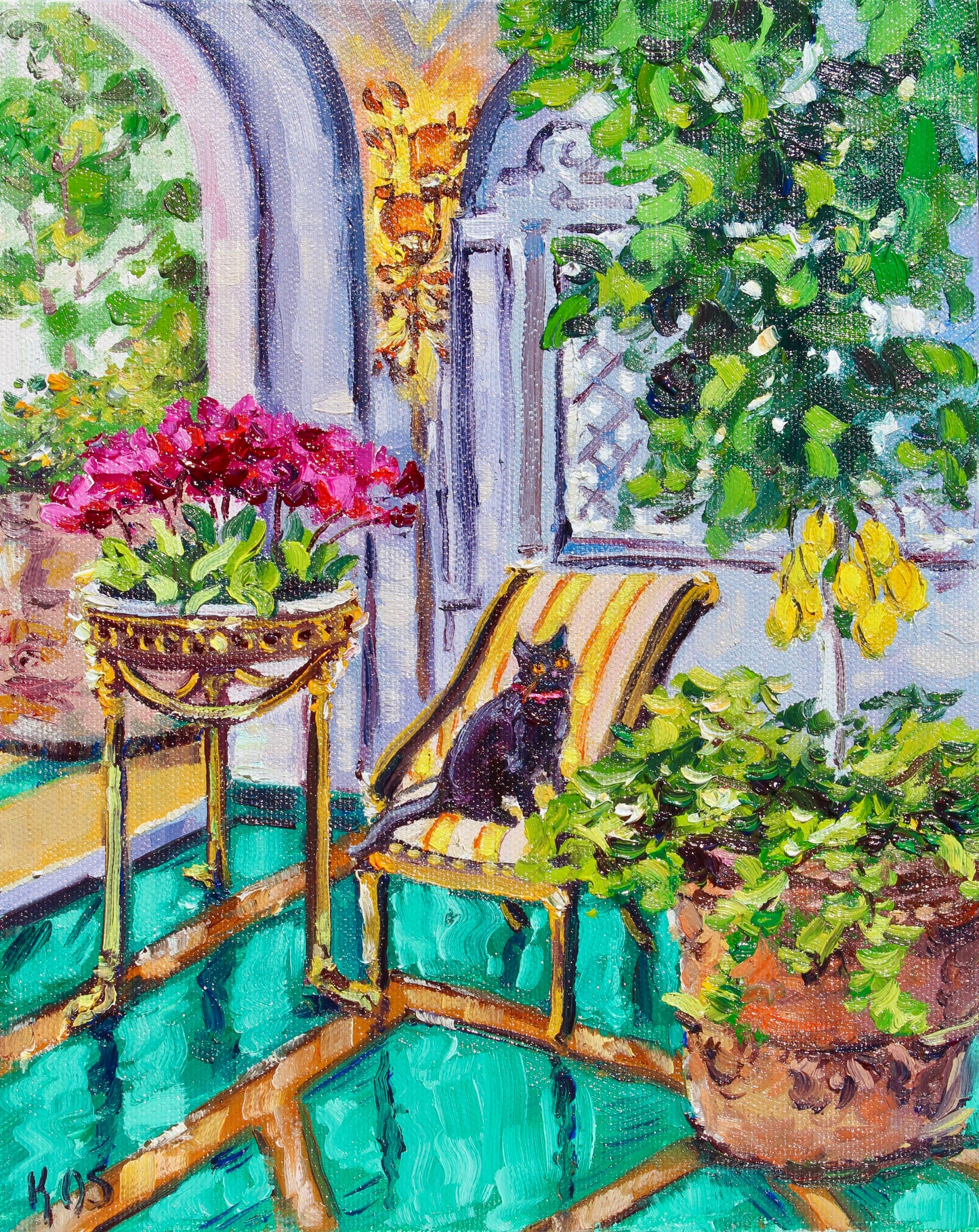 Villa di Roma, An Original Oil Painting On Canvas Of A Black Cat In A Garden Room