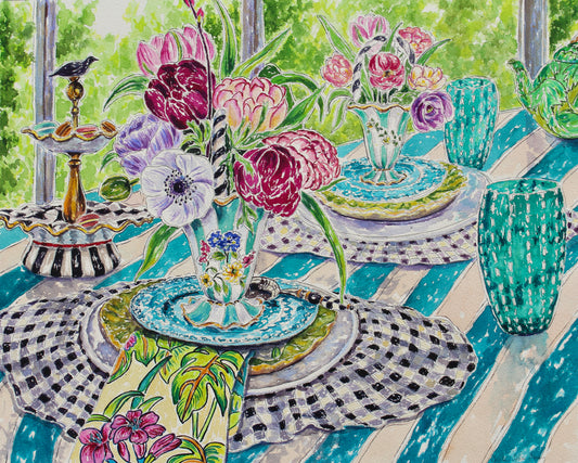 Summer Brunch, An Original Watercolor And Ink Painting Of A Stylish Table Setting