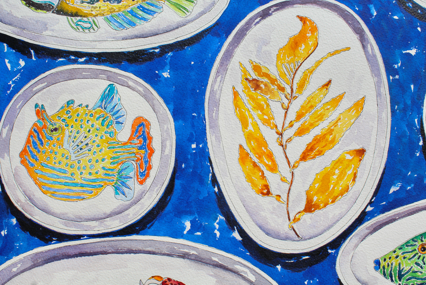 Ocean Delights, An Original 22" Square Watercolor And Ink Painting of Ceramics Decorated With Sea Life And Fish