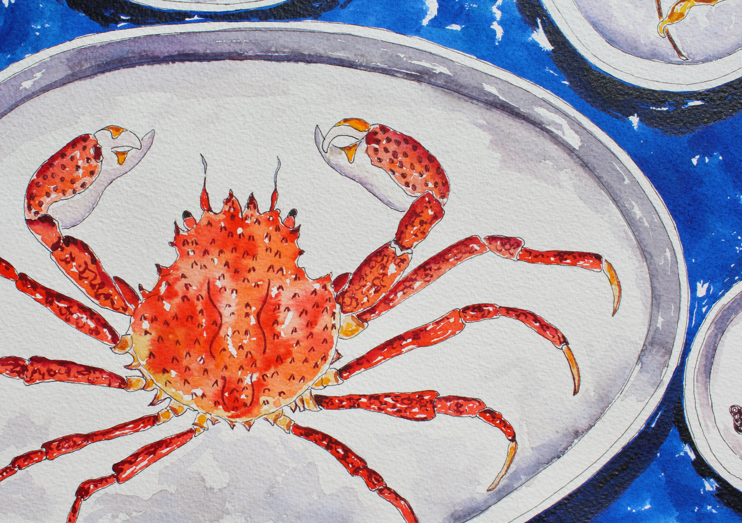 Ocean Delights, An Original 22" Square Watercolor And Ink Painting of Ceramics Decorated With Sea Life And Fish