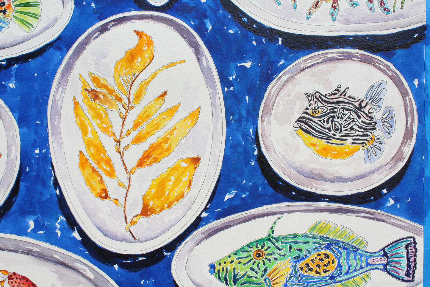 Ocean Delights, An Original 22" Square Watercolor And Ink Painting of Ceramics Decorated With Sea Life And Fish