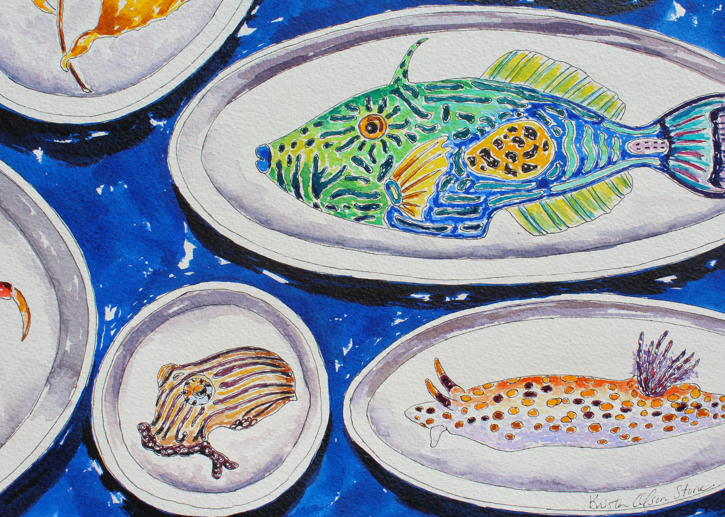 Ocean Delights, An Original 22" Square Watercolor And Ink Painting of Ceramics Decorated With Sea Life And Fish