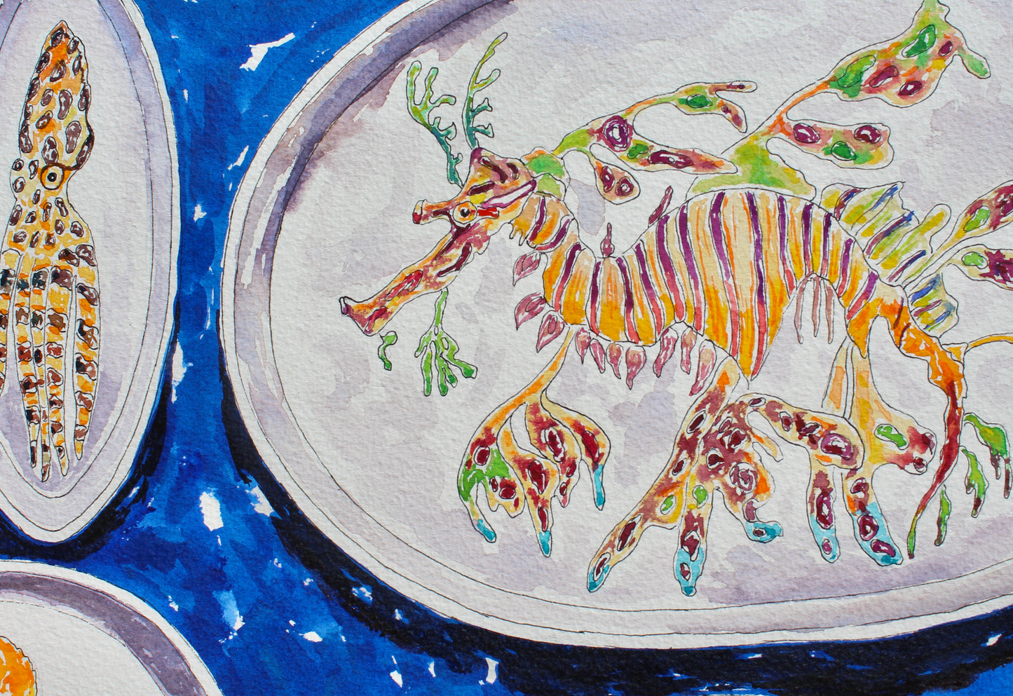 Ocean Delights, An Original 22" Square Watercolor And Ink Painting of Ceramics Decorated With Sea Life And Fish