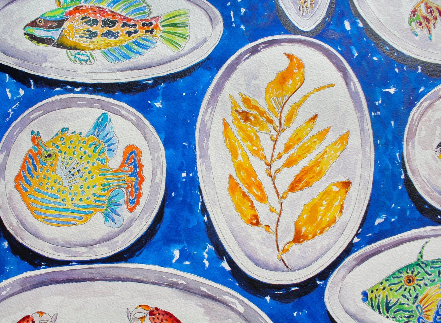 Ocean Delights, An Original 22" Square Watercolor And Ink Painting of Ceramics Decorated With Sea Life And Fish