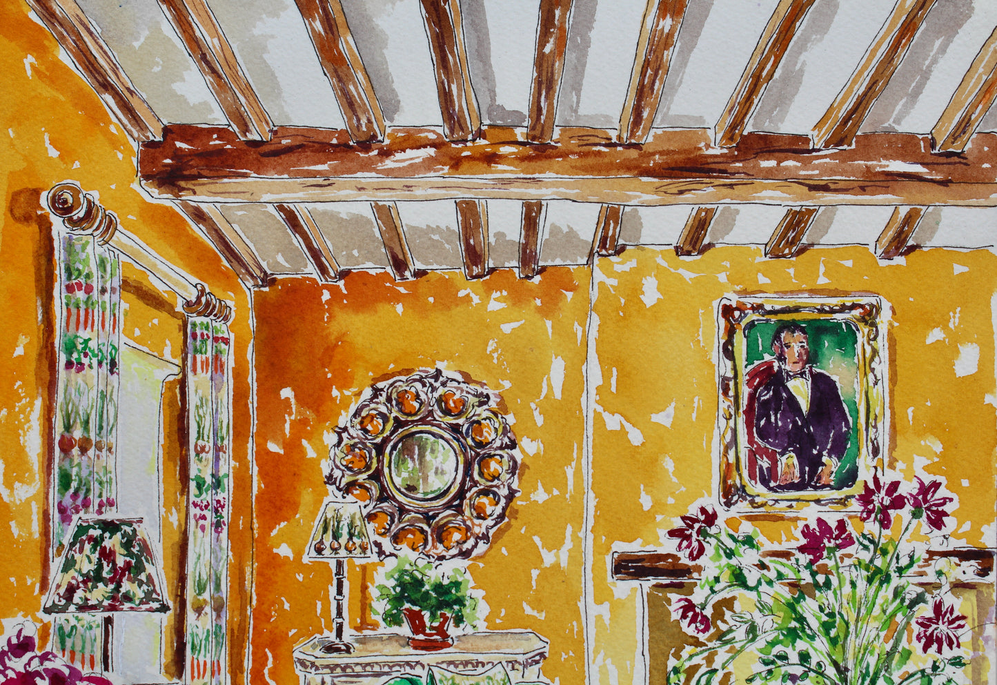 Cat's In A Cottage With A Silver Spoon, An Original Watercolor And Ink Painting Of An English Cottage Interior With A Calico Cat