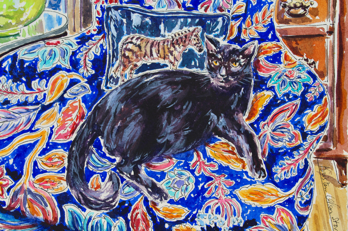 You Called?, An Original  12" x 9" Watercolor And Ink Painting Of A Black Cat On A Colorful Blue Floral Chair