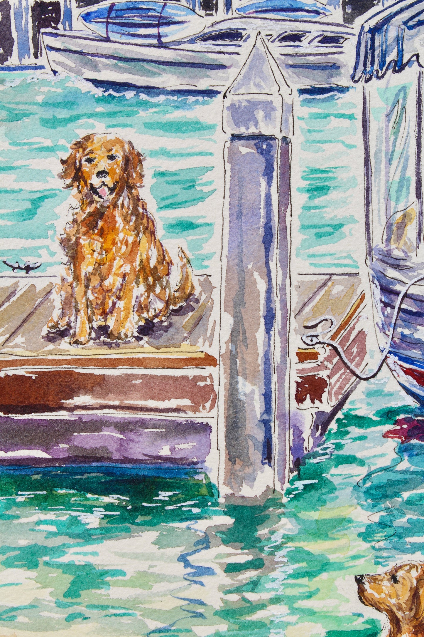 It's A Dog's Day On Balboa, An Original 14" x 10" Watercolor And Ink Painting Of Golden Retrievers, Duffy Boats And The Balboa Pavillion