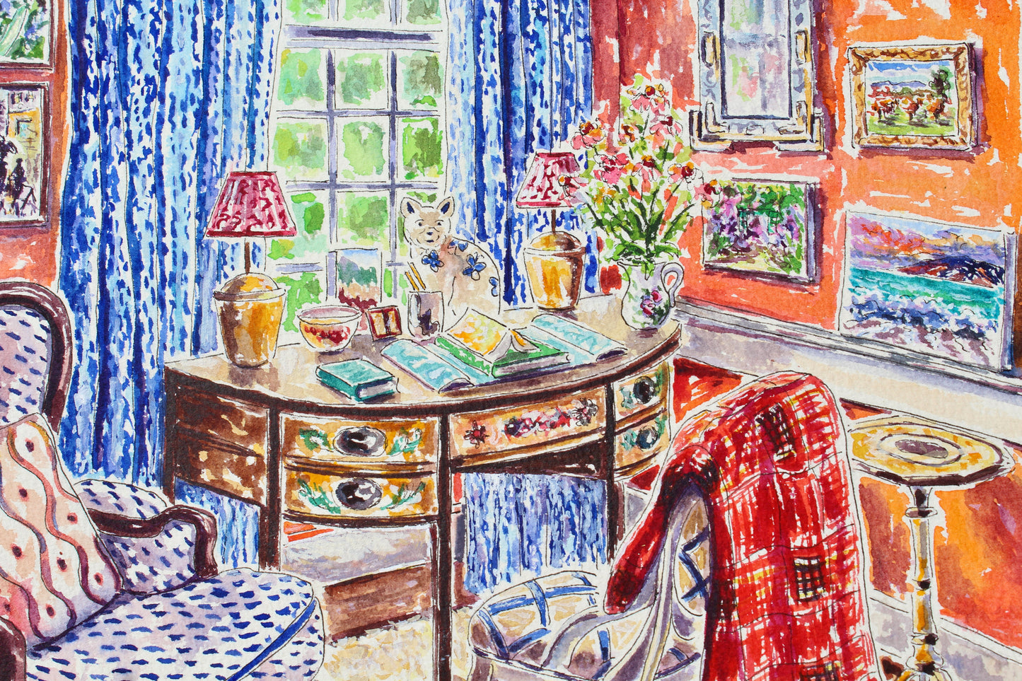 Memories, An Original 16" x 12" Watercolor And Ink Painting Of An Interior Scene With Blue And Orange