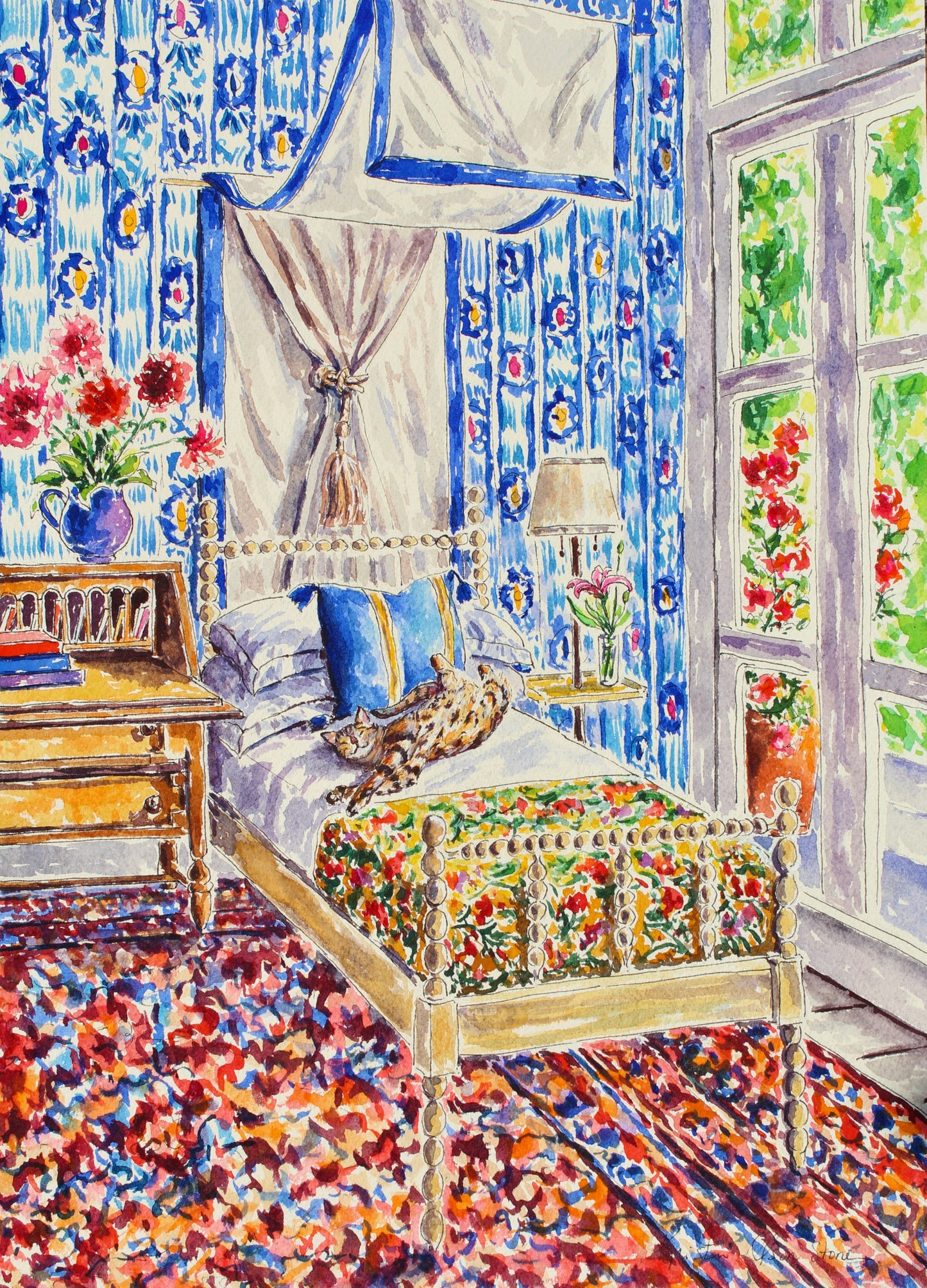 What's Blue Pussycat?, An Original 14" x 10" Watercolor And Ink Painting Of A Maximalist Designed Room With A Bengal Cat