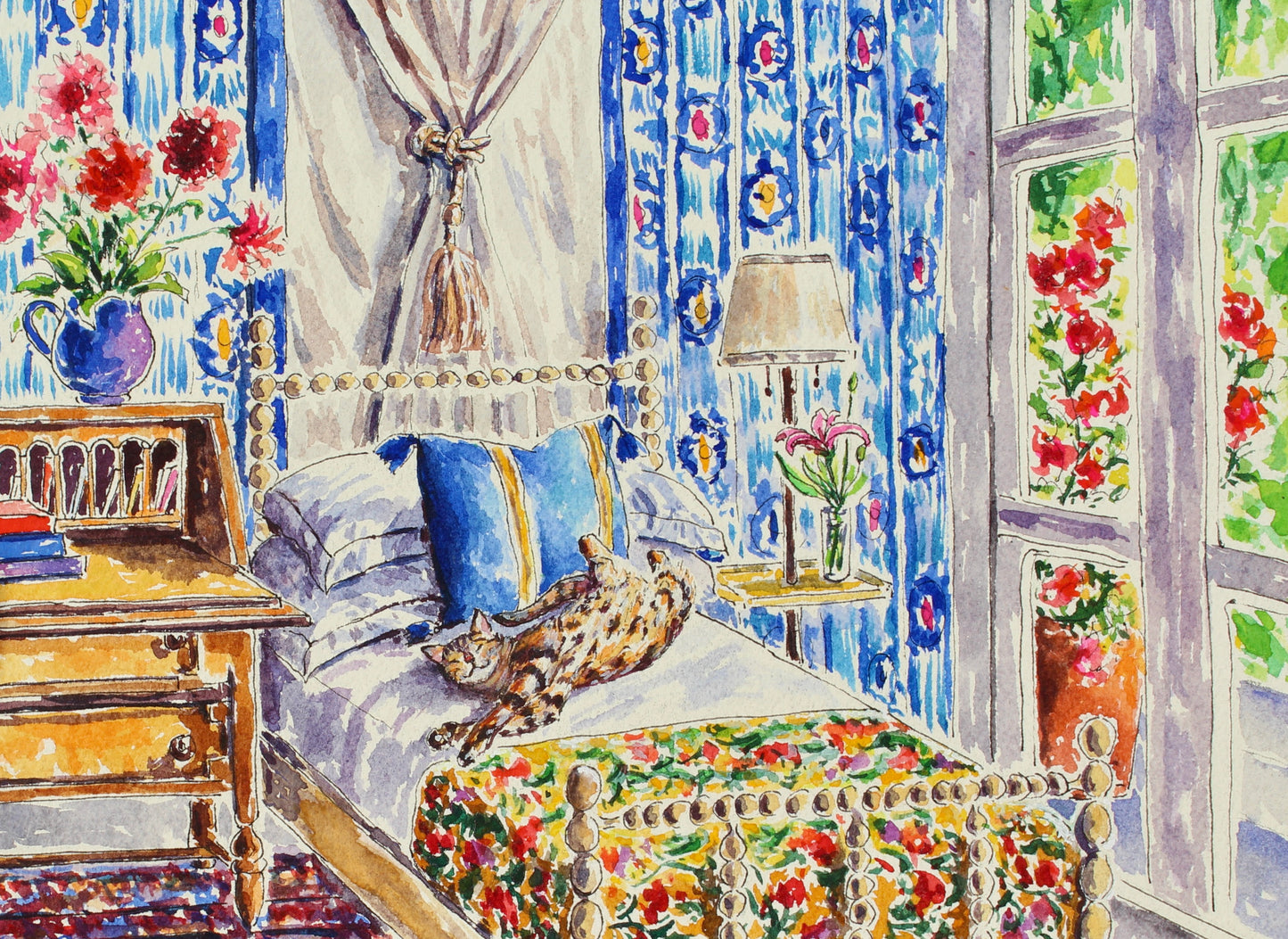 What's Blue Pussycat?, An Original 14" x 10" Watercolor And Ink Painting Of A Maximalist Designed Room With A Bengal Cat