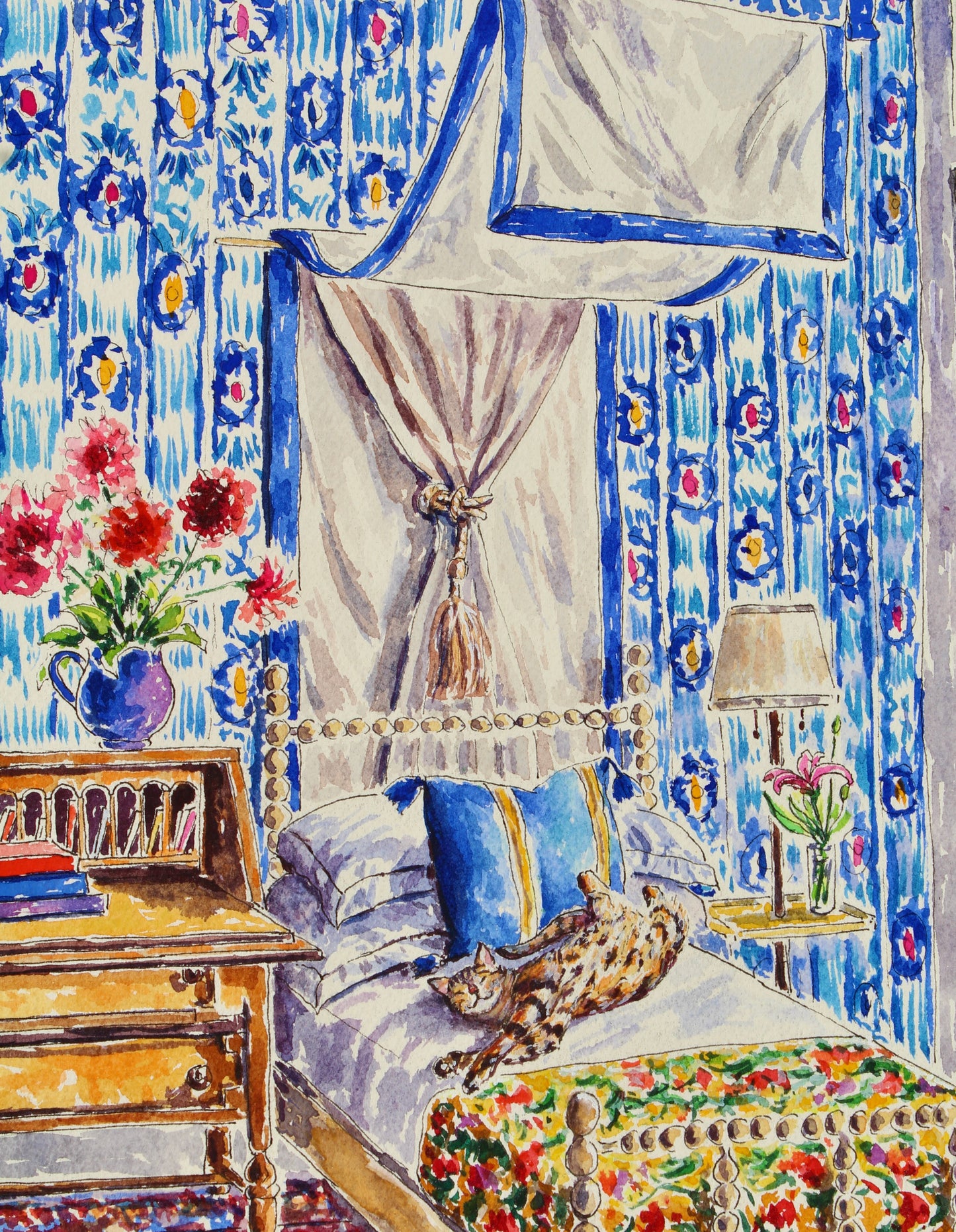 What's Blue Pussycat?, An Original 14" x 10" Watercolor And Ink Painting Of A Maximalist Designed Room With A Bengal Cat